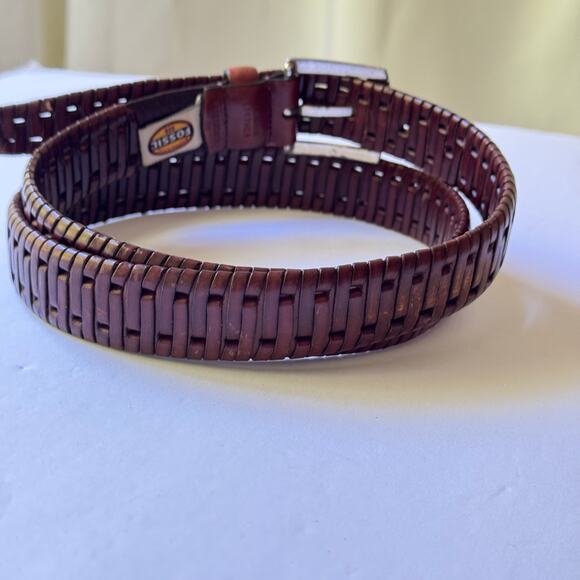 Vintage Fossil Men’s Woven Brown Leather Belt Size 38 Silver Buckle Y2K 90s - Picture 6 of 9